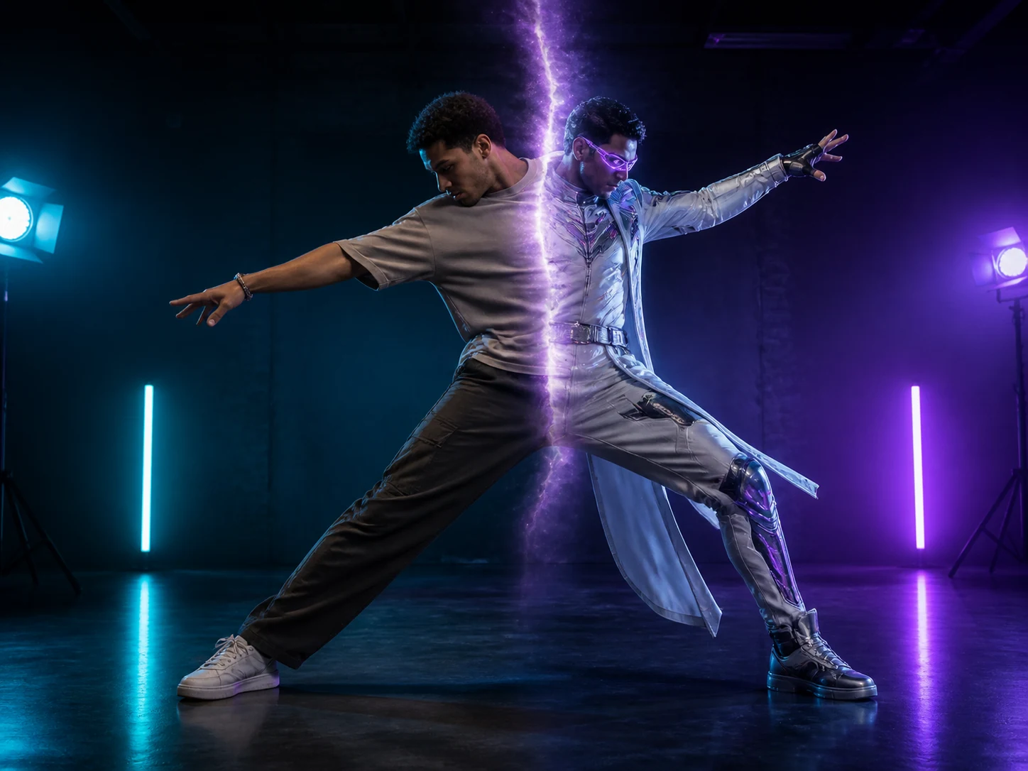 Performer transforming into a futuristic full-body character