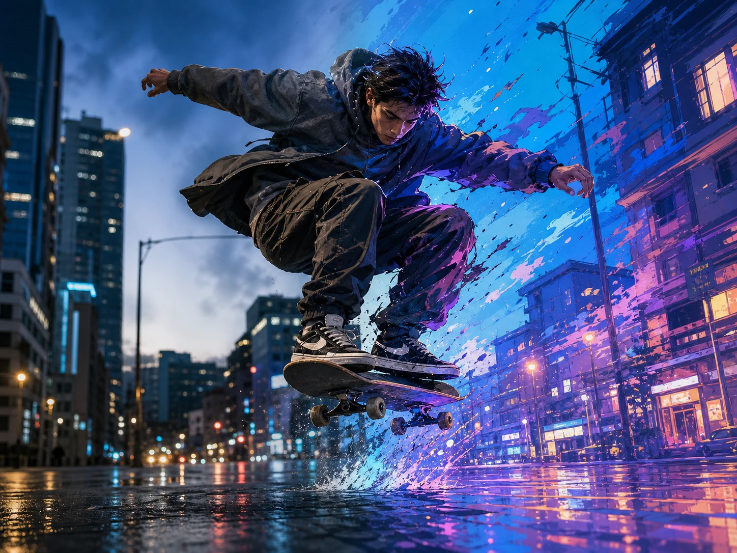Skateboard video transitioning from realistic to painted style