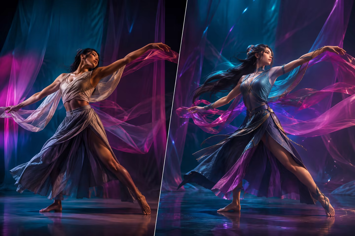 Dancer and digital character performing the same expressive movement