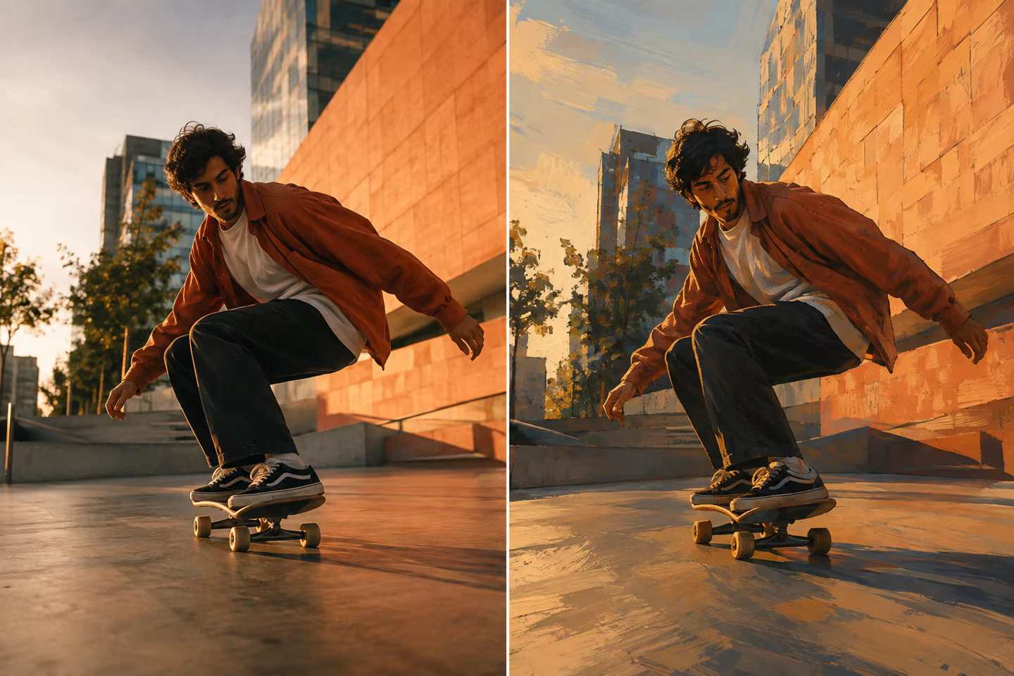 Skateboard footage transformed from live action into a painterly film style